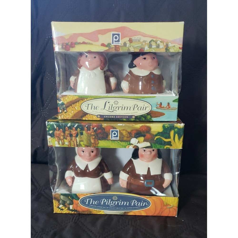 The Pilgrim Pair & The "Lilgrim" Pair Salt & Pepper Shakers Thanksgiving Publix